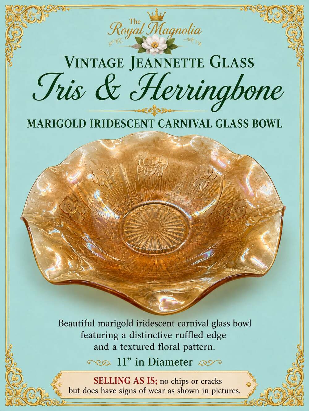 Vintage Jeannette Glass Iris and Herringbone Marigold Carnival Glass Ruffled Bow